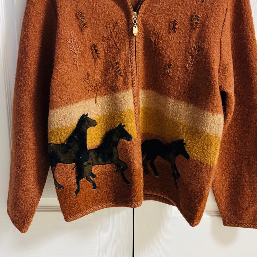 Medium, Rust Orange Horse Embroidered Jacket Lisa International wool